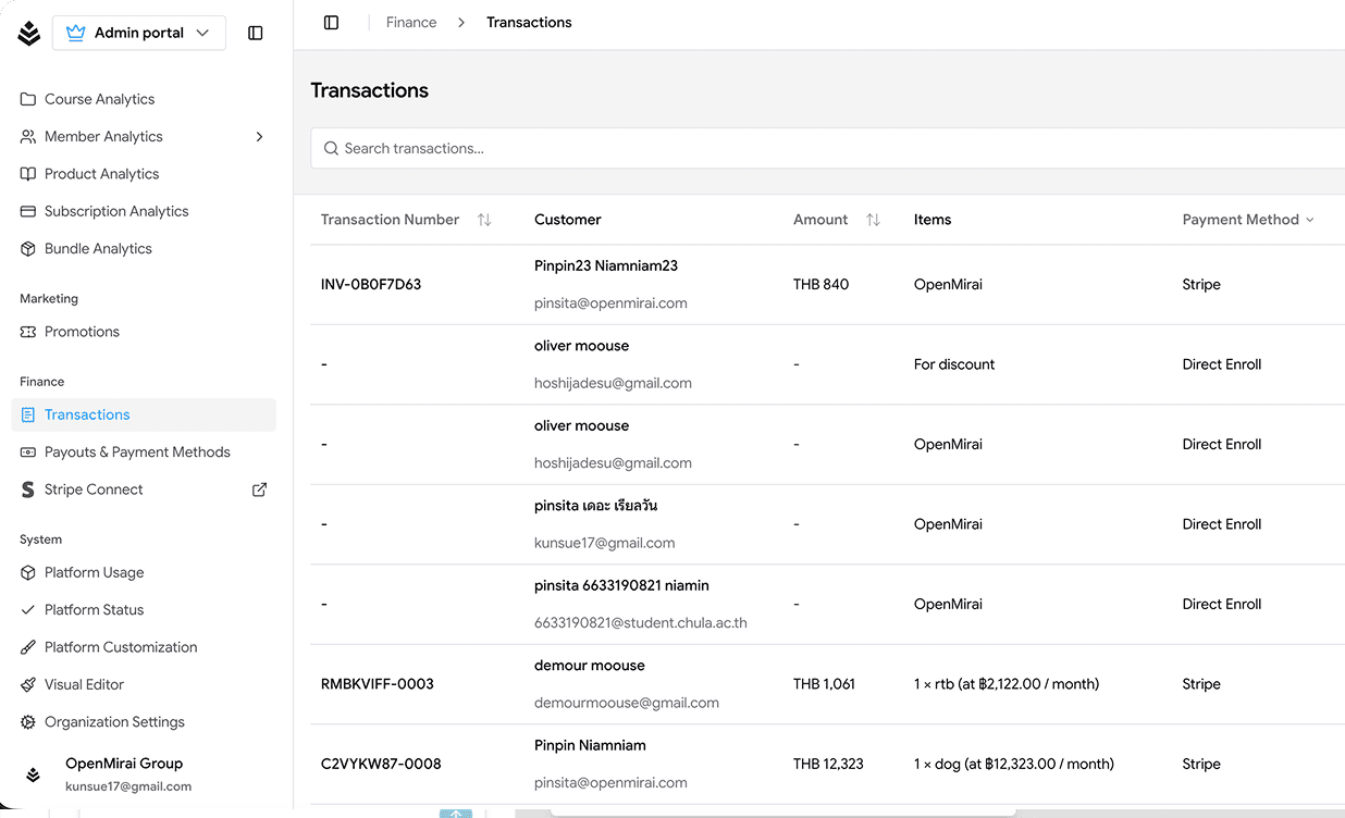 Transactions dashboard preview for creators