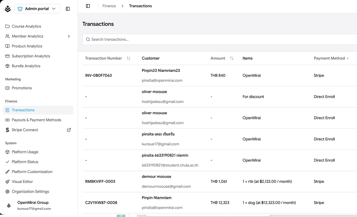 Transactions dashboard preview for creators