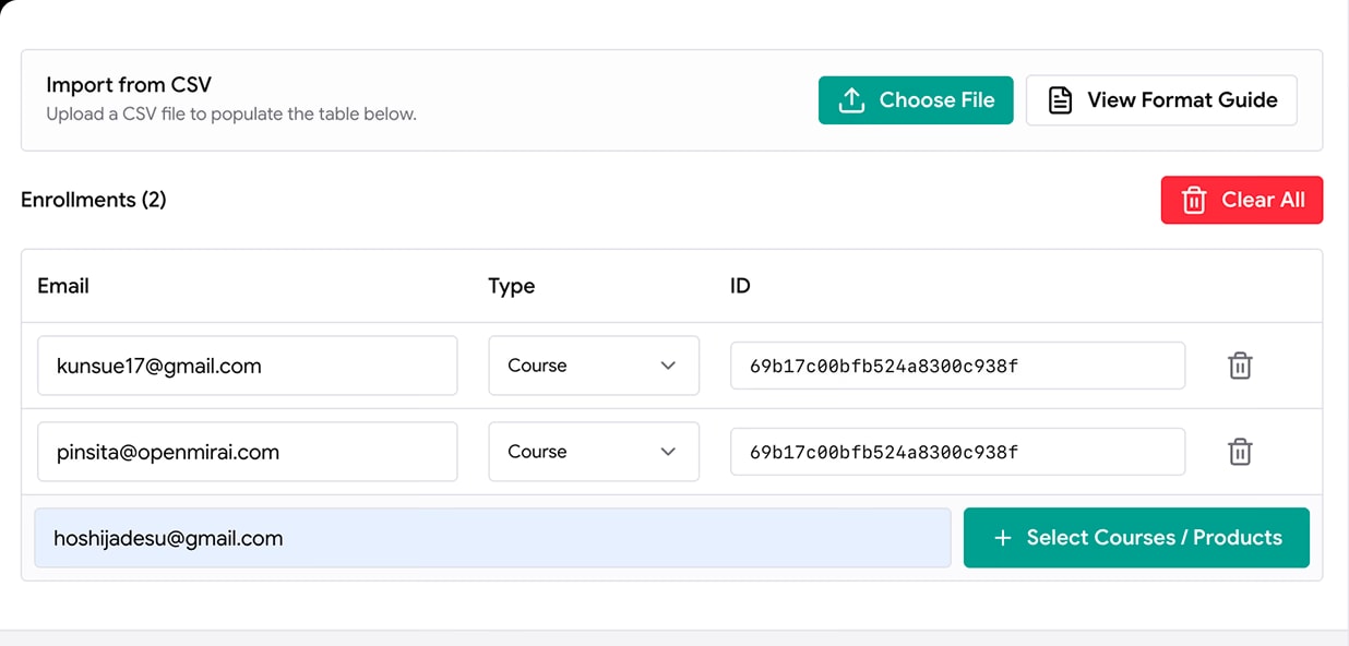 Learner enrollment table preview