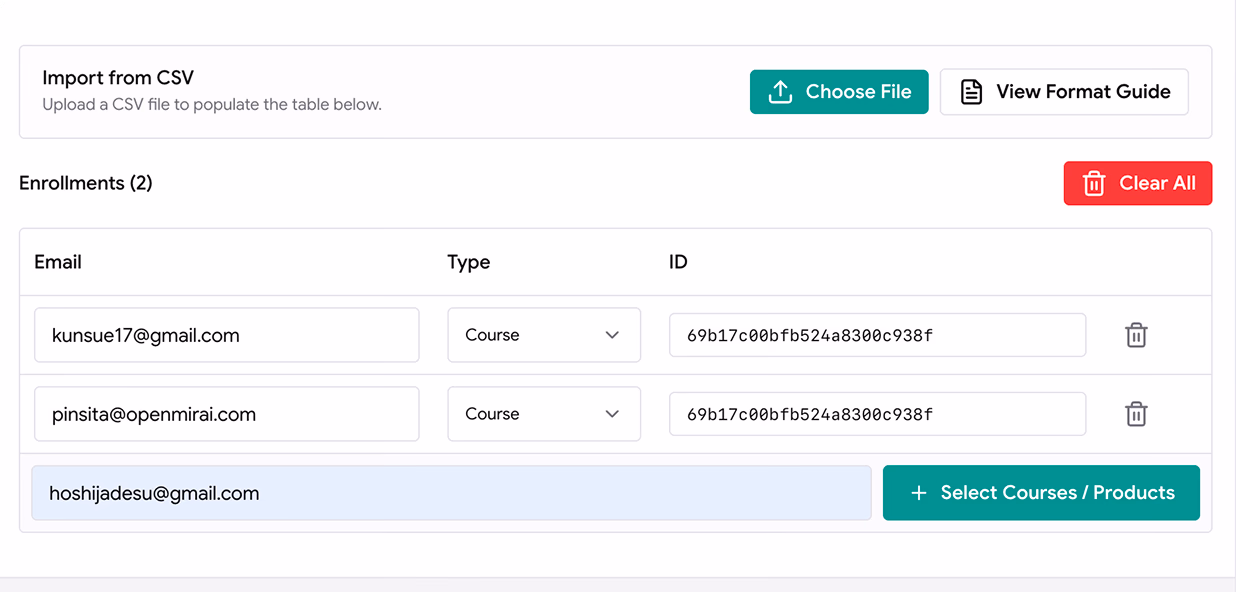 Learner enrollment table preview