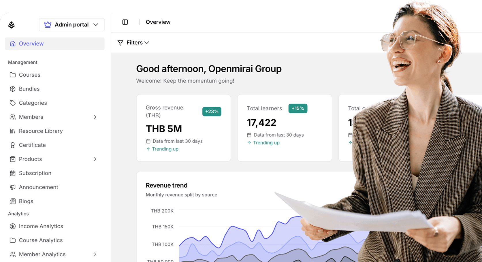 Admin portal dashboard showing revenue, learners, and courses