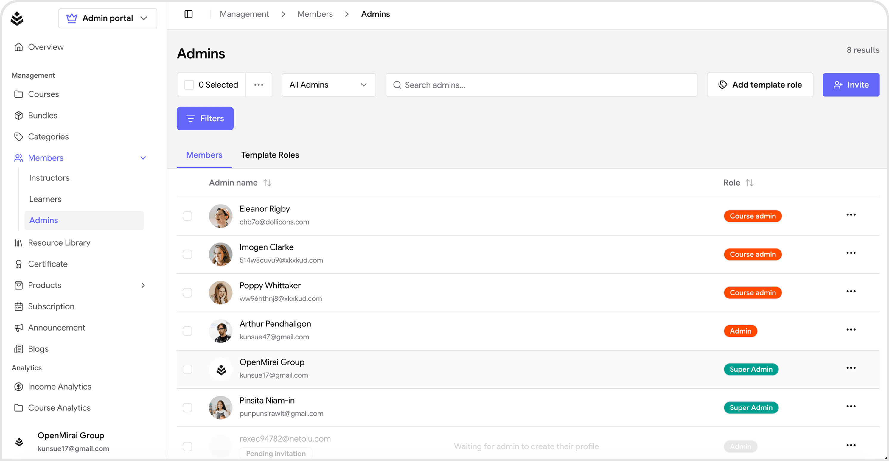 OpenMirai admin dashboard with user management and platform controls