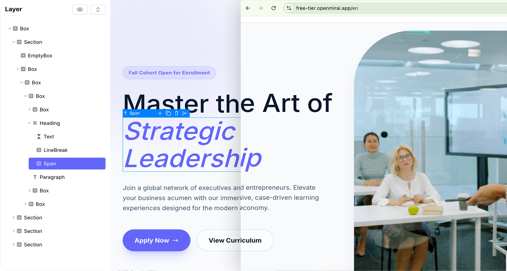 Live academy website editor with layer controls and selected hero text