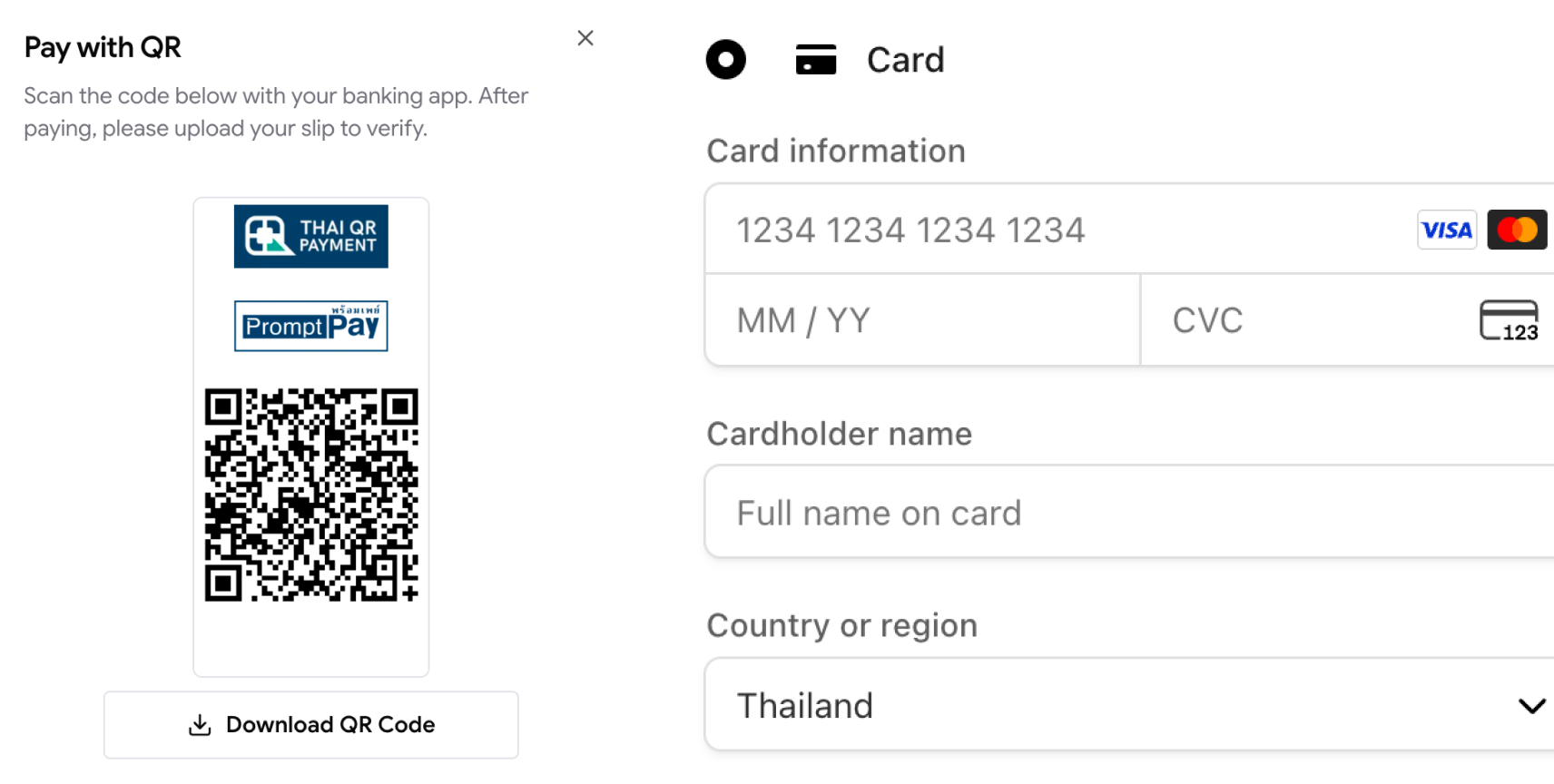 ฟอร์มชำระเงินด้วย QR PromptPay และบัตรเครดิต