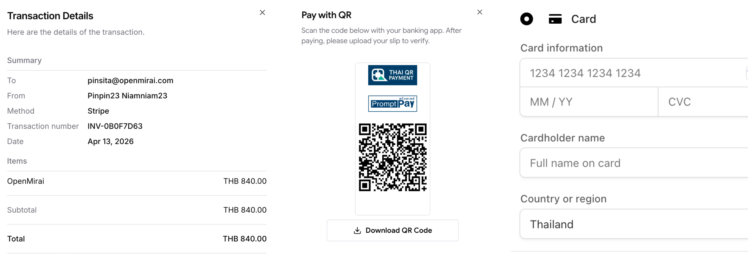 หน้าจัดการการเรียกเก็บเงินพร้อมใบเสร็จ QR และบัตรเครดิต