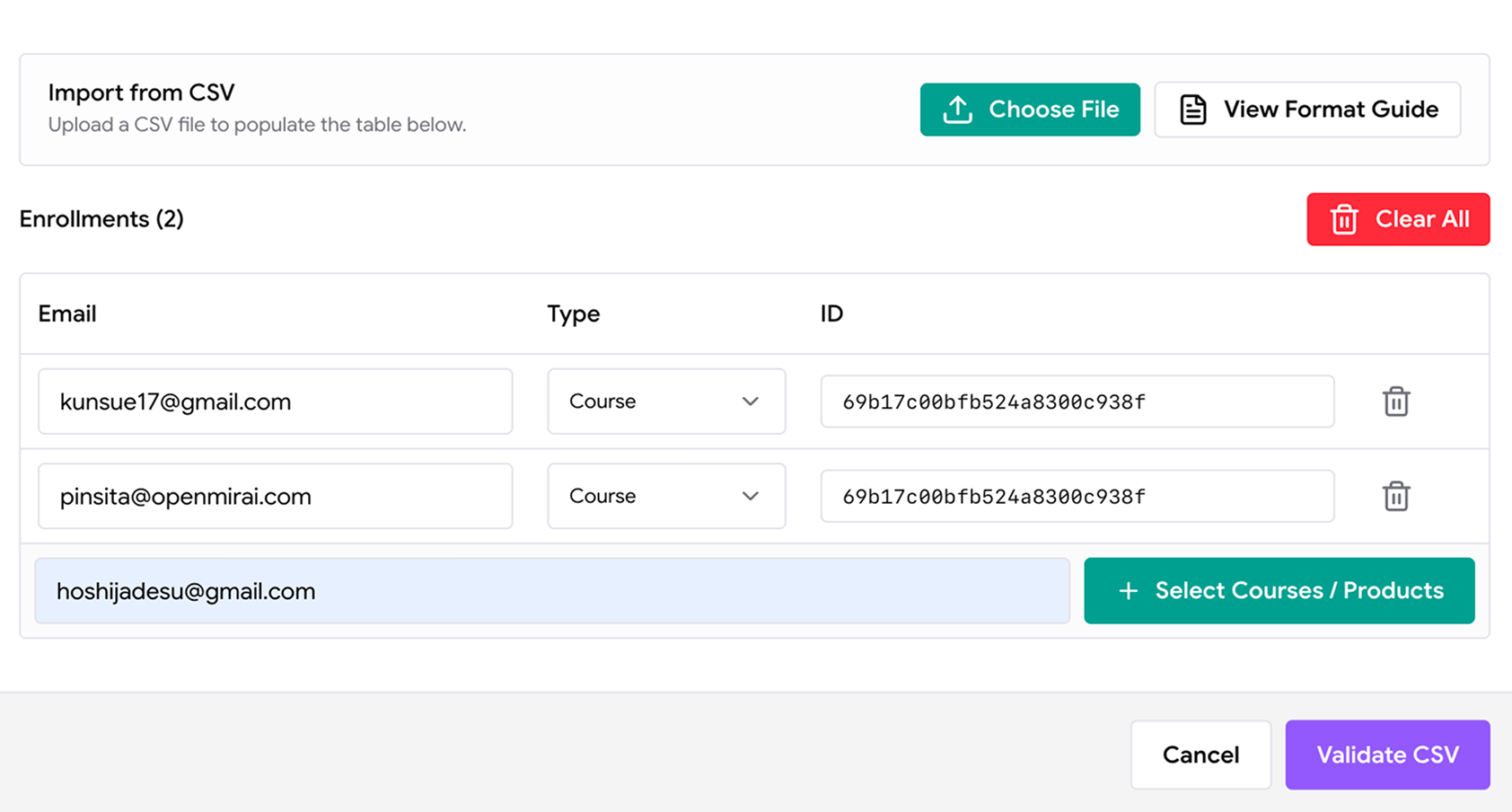 หน้าจอเพิ่มผู้เรียนด้วยไฟล์ CSV