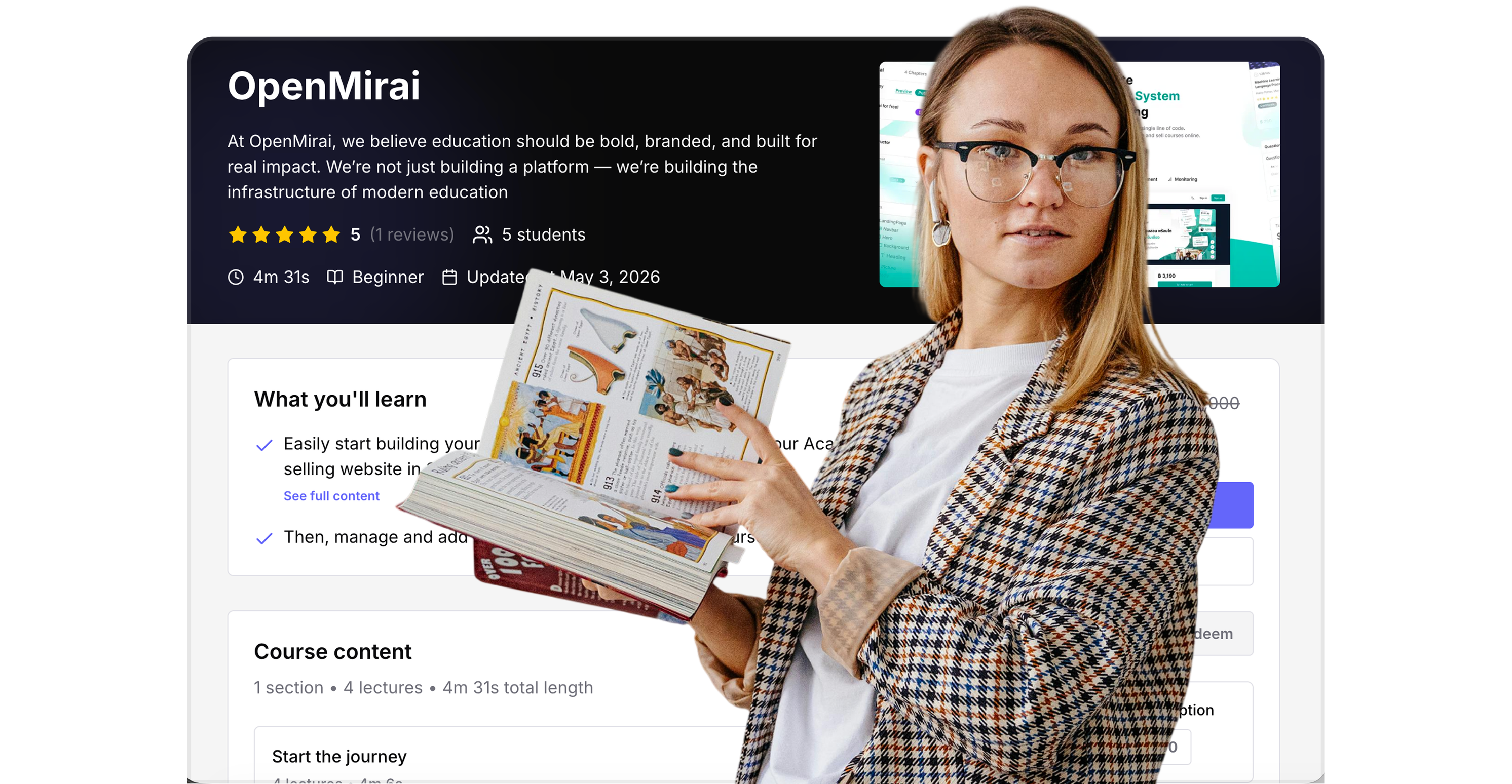 OpenMirai branded academy checkout and learning page with a creator